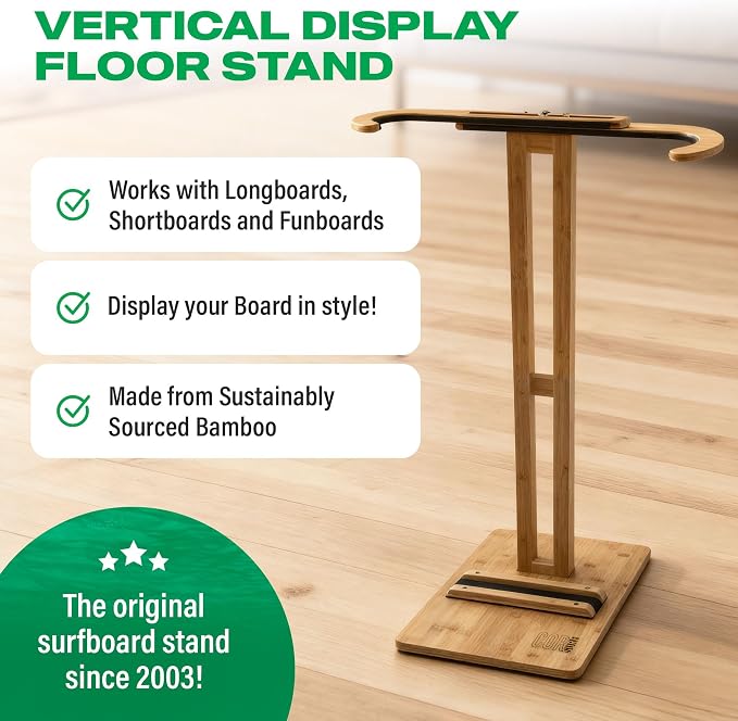 COR Surf Bamboo Surfboard Stand | Premium Standing Rack to Display Your Board