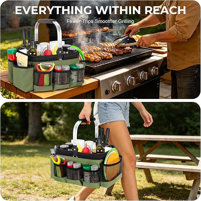 PGmoon Grill and Picnic Caddy, Foldable BBQ Tool Caddy with Rotated Handle, Multi-Pocket Grill Utensil Storage Bag for Outdoor Camping Picnic Patio Barbecue Accessories, Green