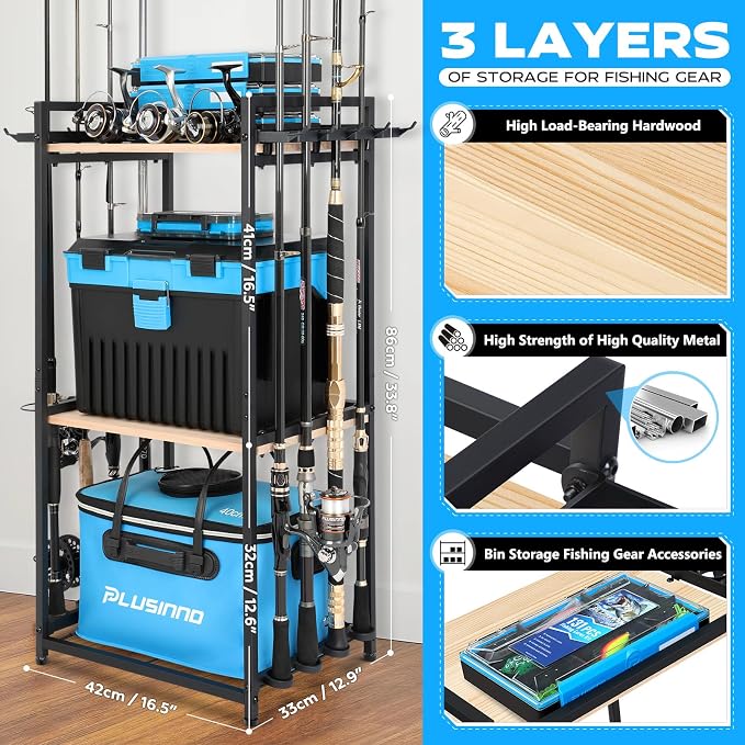 PLUSINNO 3 Tier Fishing Rod Holder, Fishing Pole Holders for Garage, Fishing Rod Rack Fishing Rod Storage Up to 8 Rods, Fishing Gear Tackle Box Fishing Equipment Organizers, Fishing Gifts for Men