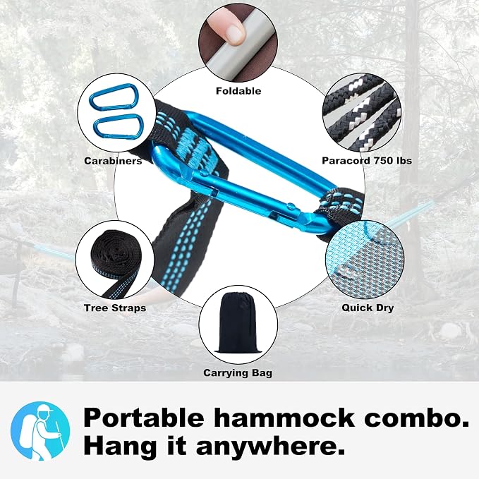 GAFETE 14ft 2 Person Hammock for Outside, Quick Dry Textilene, Portable Hammocks Without Stand with Folding Steel Spreader Bar, Carrying Bag, Tree Straps, Pillow & Sidebag, 550 lbs Capacity (Aqua)