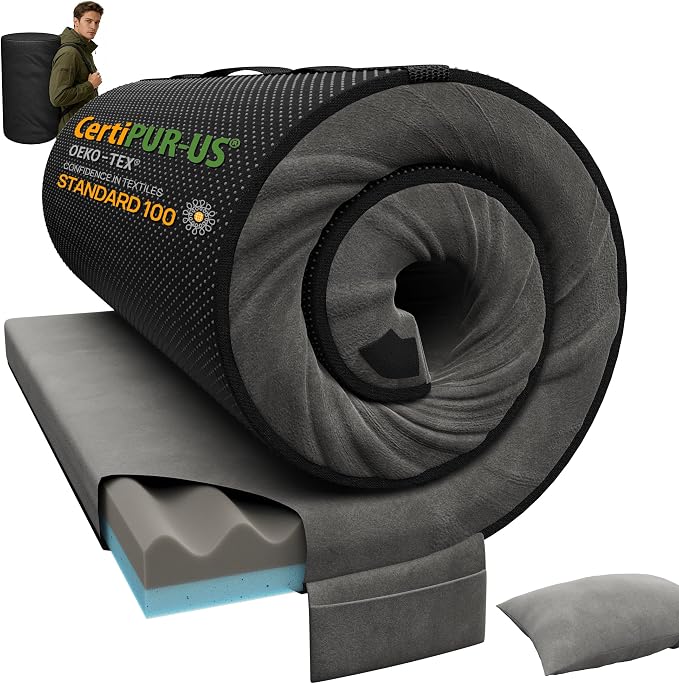 Releep 3 Inch Dual-Sided Memory Foam Camping Mattress, Waterproof Camping Sleeping Pad with Portable Pillow & Carry Bag, Roll Up Cot Mattress Mat for Guest Bed/Car/Tent