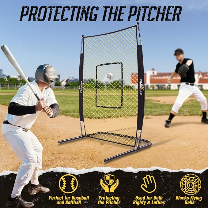 PodiuMax 7x4FT Baseball Pitching Screen with Strike Zone, Batting Net with Upgrade U-Shaped Base, Pitching Net for Pitchers Protection, Baseball I Screen for Fields Batting Cages