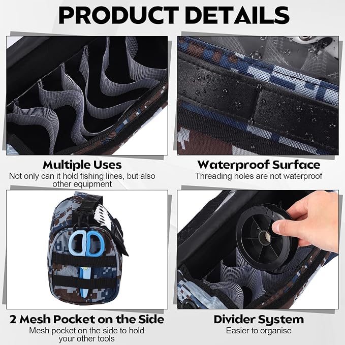 2 Pcs Fishing Line Management Bag Waterproof Nylon Fishing Line Storage Bag Transparent Window Removable Divider Leader Lines Spool Organization, Camouflage Blue