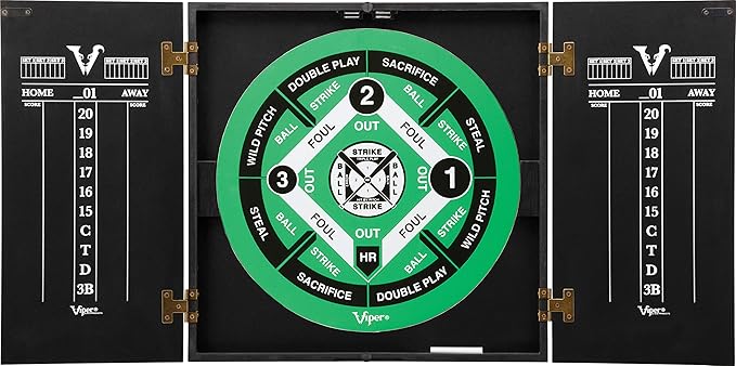 Viper Hideaway Dartboard Cabinet Set with Steel-Tip Dart Board, Reversible Board with Baseball Game Option, Two Sets of Darts, Chalk Scoreboards, and Matte Black Finish