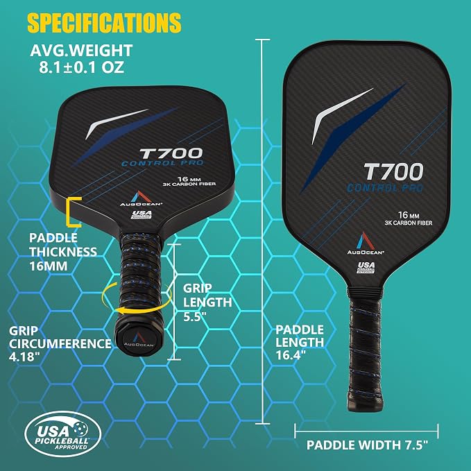 Pickleball Paddle,Pickleball Paddles-3K Raw Carbon Fiber Pickle Ball Paddle Surface with Great Grit & Spin,T700 Pickleball Racket with Excellent Power,Control and Balance,USAPA Approved