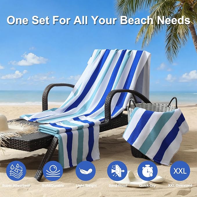 Jessy Home 4 Pack Striped Oversized Beach Towel Set, 40x70 Inch Microfiber Sandproof Quick Dry Super Soft Swim Towels, Absorbent Stylish Pool Towels, Swim Cover Up for Beach Vacation Travel