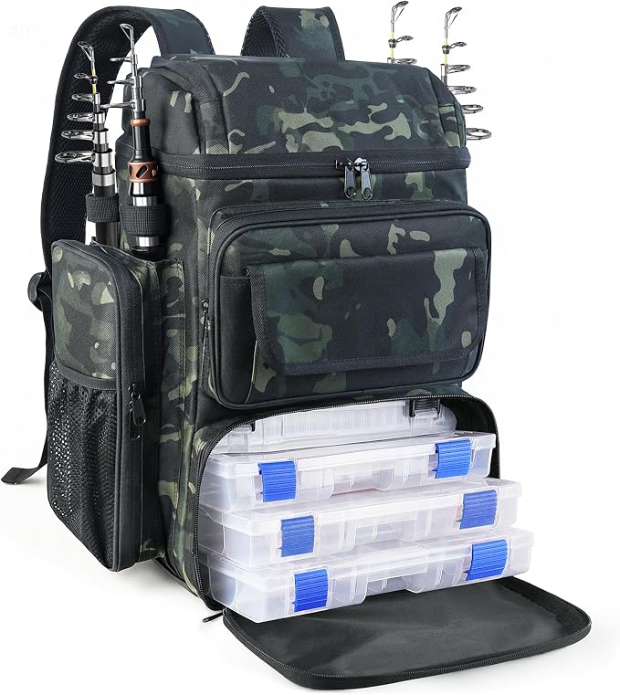 Fishing Tackle Backpack With Rod Holders, 45L Large Tackle Bag & Fishing Tackle Backpack for Fishing,Camping, Hiking,Camouflage Green