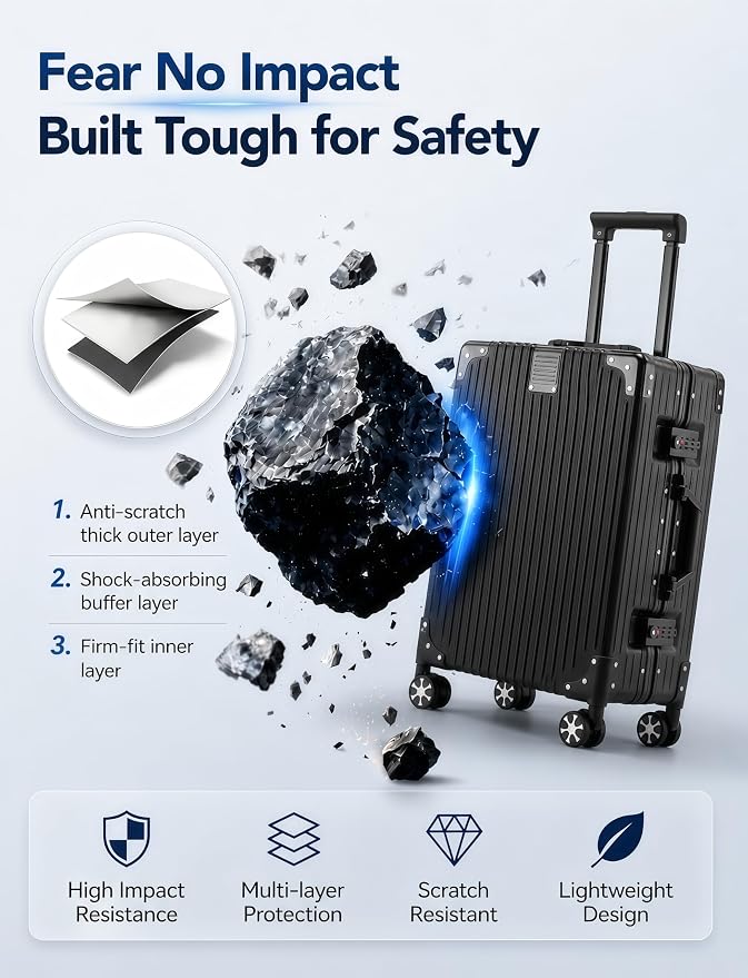 Carry On Luggage 22x14x9 Airline Approved, 20 Inch Zipperless Hard Shell Suitcase with Aluminum Frame, TSA Lock & Spinner Wheels, Lightweight Carry-On Luggage for Travel, Black