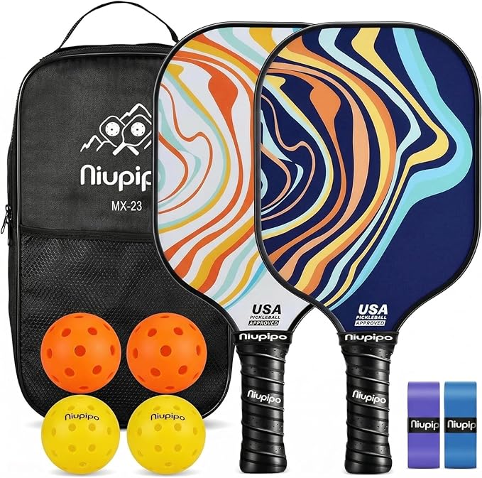 niupipo Pickleball Paddles Set of 2 or 4, USAPA Approved Fiberglass Pickleball Paddle Set with Balls and Bag, Polypropylene Honeycomb Core, Lightweight Pickleball Paddles for Beginners Men Women