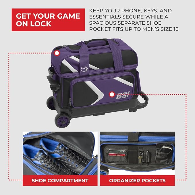 BSI Dash Roller Bowling Bag with Smooth Rolling Wheels, Padded Ball Compartment, Retractable Locking Handle, & Shoe Pocket