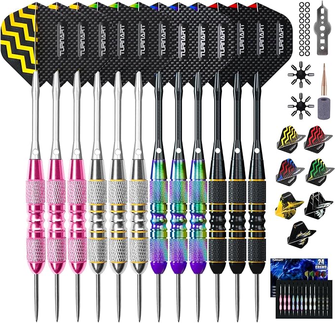 Turnart Darts Metal Tip Set - Steel Tip Darts Darts Set Professional Metal Darts 12 pcs 22/24 Grams Pro Dart Set with Stylish Case Aluminum Shafts Extra 9 Flights