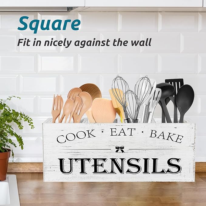 Suli Extra Large Kitchen Utensils Holder with 4 Compartments, Wooden Utensil Organizer for Kitchen Countertop, Farmhouse Decor, Rustic Cooking Utensil - White grain