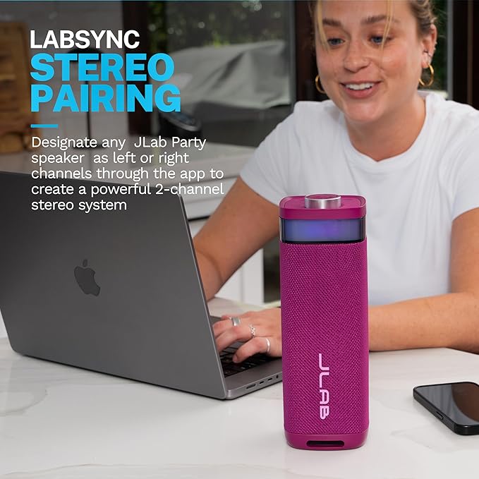 JLab, JBuds Party, Portable Bluetooth Speaker, Waterproof Outdoor Speaker, RGB Lighting, Multi-Speaker Connect, Mulberry