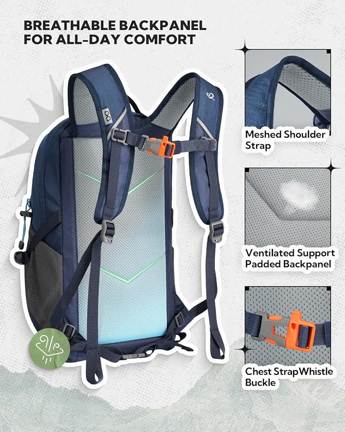WATERFLY Small Lightweight Hiking Backpack: 20L Daypack for Women Men, Multi-Pocket, Breathable Back Panel with Chest Waist Strap, Outdoor Bag Pack for Travel Trekking Camping