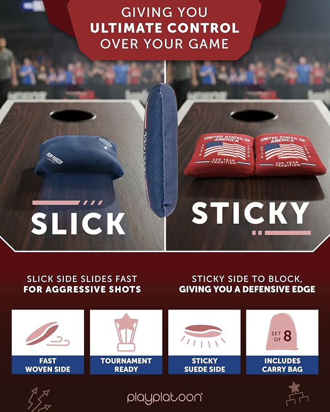 Play Platoon Pro Cornhole Bags Set of 8 - Professional Dual Sided Slick and Sticky Side Competition Corn Hole Bags - Tournament Series