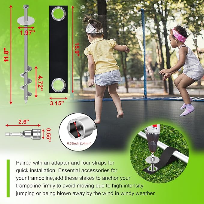 Eurmax USA 4 Pack Universal Ground Anchors High Wind, Heavy Duty Screw-in Trampoline Stakes with 4 Straps, Upgraded Commercial Anchor Kit for Outdoor Sheds, Swing Sets & Mobile Homes (Silver)