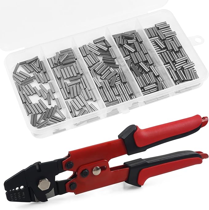 Fishing Crimping Tool Kit Wire Crimping Tool Stainless Steel Fishing Crimping Pliers with 300pcs Aluminum Crimp Sleeves Kit Effort-Saving Wire Crimper Tool, 4 Size Crimp Sleeves Fishing Tackle Pliers
