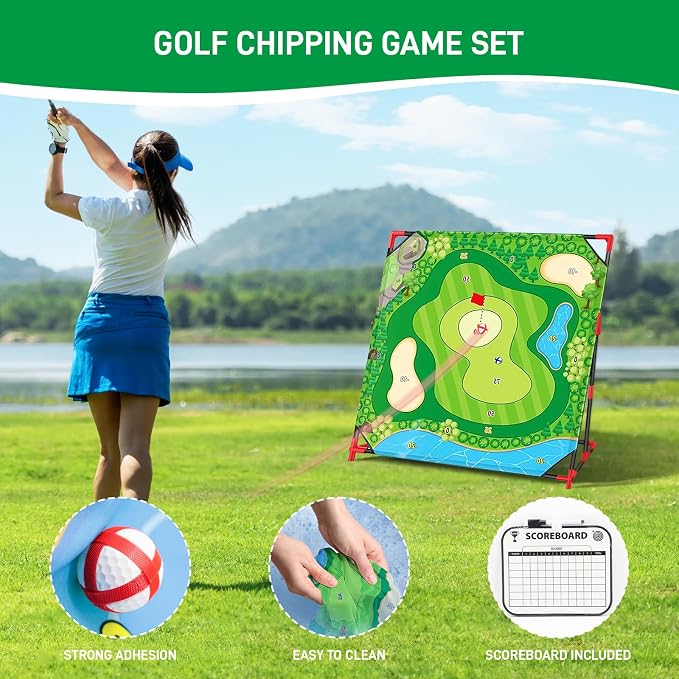 Golf Chipping Game with Stand, Upgrade 54"x 54" Golf Hitting Mat and Practice Set with Sticky Balls Perfect for Backyard Indoor Outdoor Family Battle Game, Christmas Ideal Gifts for Kids Adults (A)