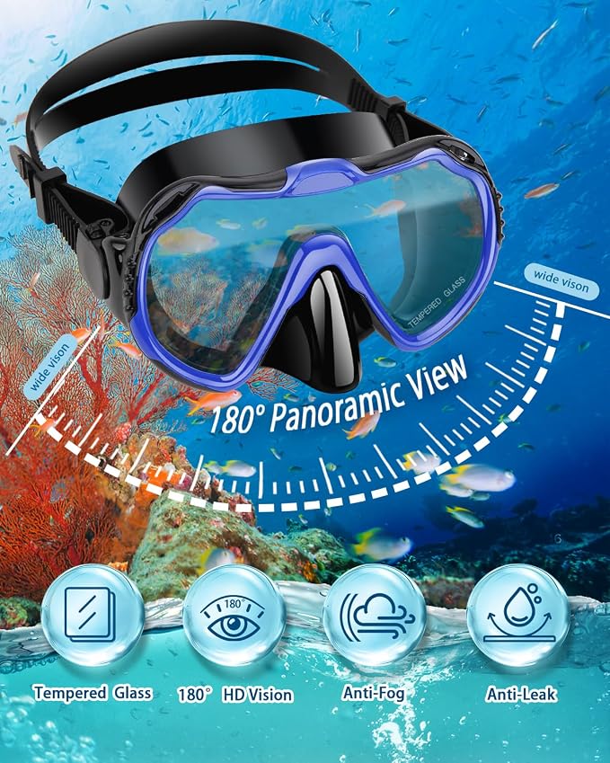 Snorkeling Gear for Adults, Adult Snorkel Set with Panoramic Anti-Leak and Anti-Fog Tempered Glass Snorkel Mask, Dry Top Snorkel, Snorkle Mask Set Adult with Mesh Bag Ear Plug for Snorkeling