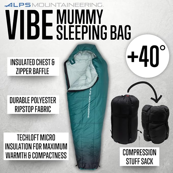 ALPS Mountaineering Vibe +40° Long Sleeping Bag – Lightweight 3-Season Mummy Bag with TechLoft Micro Insulation, Ripstop Shell & Compression Sack for Camping, Hiking & Backpacking