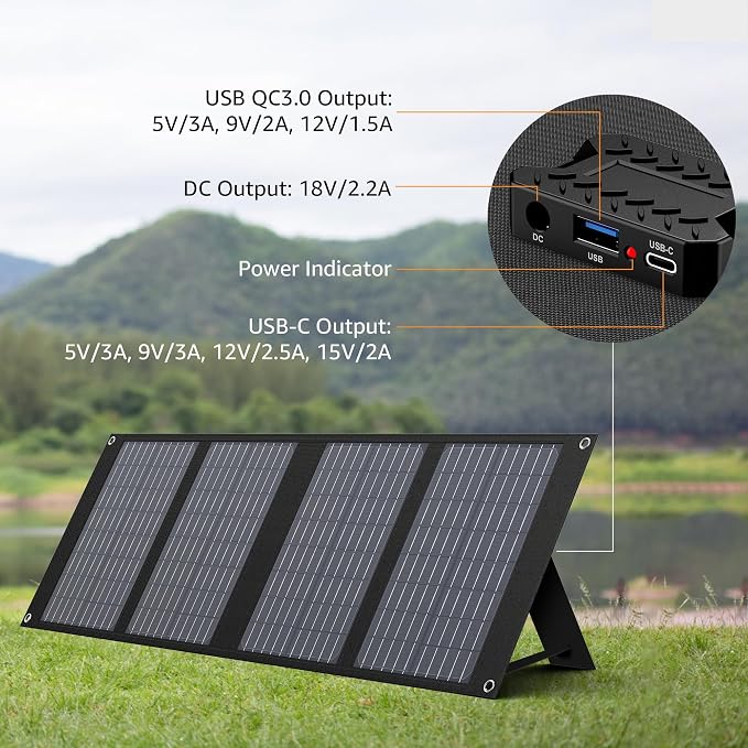 40W Solar Panel EnginStar 40 Watt Foldable Solar Panel for Portable Power Station w/QC3.0 USB Port for Phone Laptop 12-15V DC Output(10 Connectors) for Outdoor Camping RV Off Grid