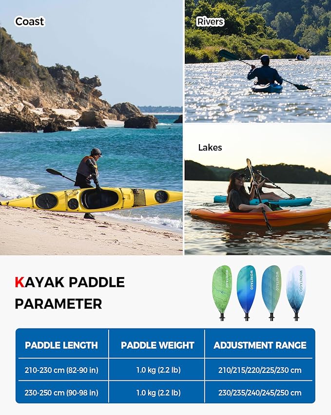 Kayak Paddle Carbon Fiber Shaft and Reinforced Nylon Blade, Adjustable Kayaking Oars, 3 Piece, 230-250 cm/90-98 Inches,210-230 cm/82-90 inches