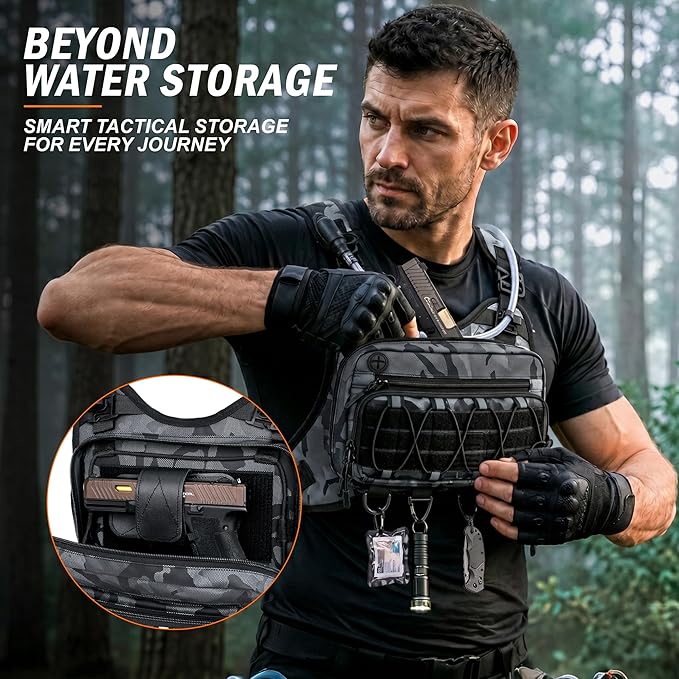 BECOJADDE Running Vest for Men with 2L Water Bladder Tactical Hydration Backpack Adjustable Lightweight Chest Pack for Marathon Hunting Cycling