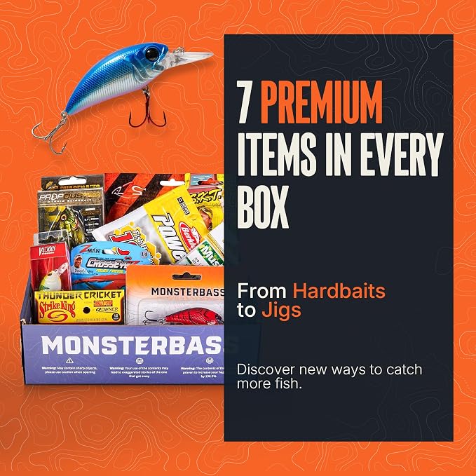 MONSTERBASS Fishing Mystery Box, Freshwater Bass Fishing Kit with 7+ Lures | Biggest Tackle Mystery Box with Premium Gear for Catching Smallmouth and Largemouth Bass on Every Fishing Trip