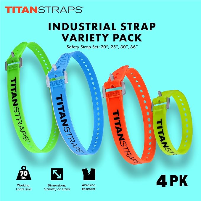 Titan Industrial Straps – Strong & Simple Tie-Downs for Construction (Welders, DIY Home) & 1st Responders – 3 Year Warranty, Batch Tested – 70 lb. Working Load, Multi-Color, Multi-Length, 4-Pack