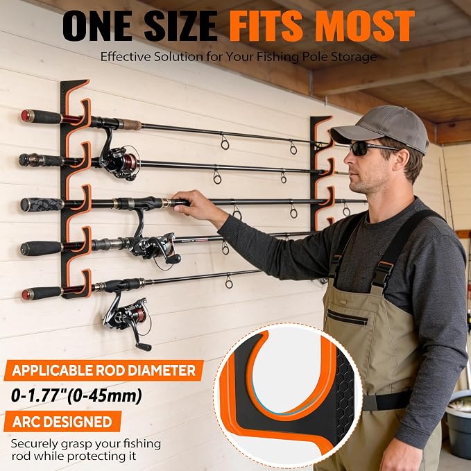 PLUSINNO H5P Fishing Rod/Pole Holders for Garage, Fishing Rod Holder Ceiling or Wall Mounted Rod Rack, Fishing Gear Equipment Storage Organizer Holds up to 5 Rods or Combos or Nets