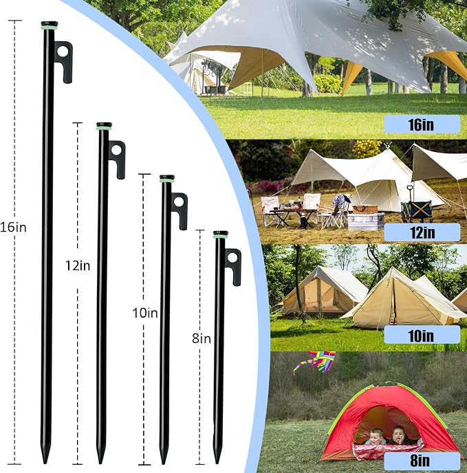 8 Pack Tent Stakes with Hammer, 8in Heavy Duty Tent Stakes + 10in Camping Hammer+Storage Pouch, Forged Steel Stakes for Camping Used on Rocks(8Pcs 8in Stake and Hammer)