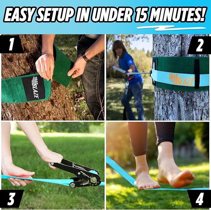 Complete Slackline Kit with Training Line - 60ft Slack Lines for Backyard for Kids and Adults, Wider Tree Protectors - Ninja Slackline Kit for Kids Outdoor Play Equipment (Complete Kit - Blue)