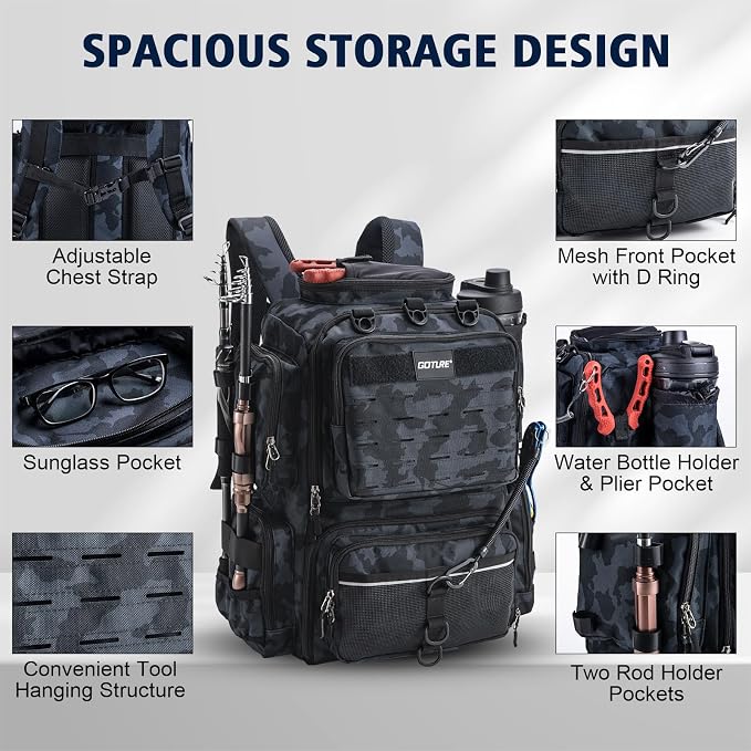 Goture Fishing Backpack, Tackle Backpack with Rod Holders, 45L 600D Large Fishing Bag Gear Storage, Water Resistant Tackle Bag with 8 Lure Pockets, Rain Cover for Camping Hiking (Without Tackle Box)
