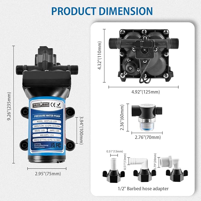 WASSERMANN Water Pressure Booster Pump 115 Volt AC 5.0GPM 60PSI,Water Pump Self Priming Diaphragm Pump with Pressure Switch for Kitchen Bathroom Marine Yacht Garden