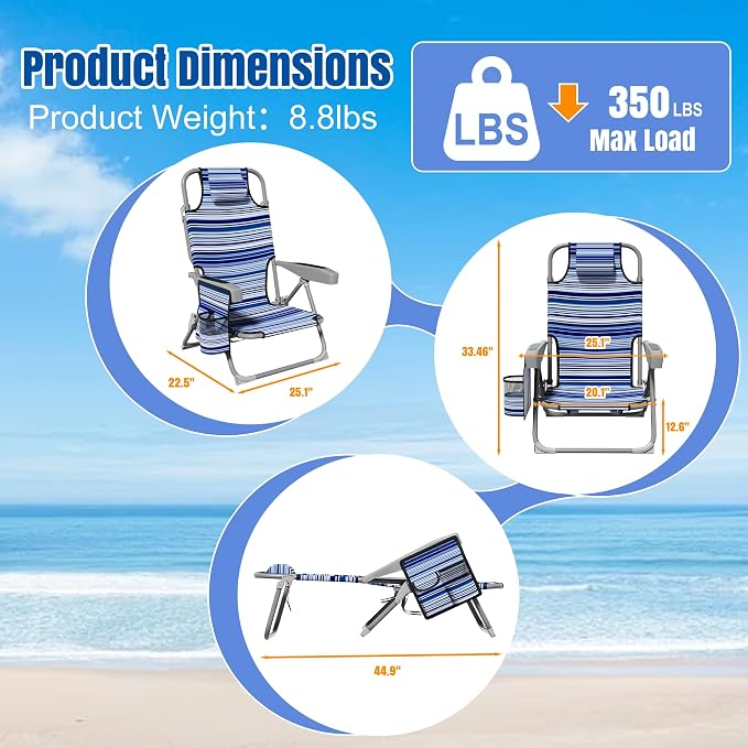 DIAMONDFORGE 2 Pack Lightweight Portable Beach Chair for Adults, 350 LBS Capacity Backpack Beach Chair, Reclining Beach Chair with 5-Position Lay Flat, Large Cup Holder for Beach Camping Sports, Blue
