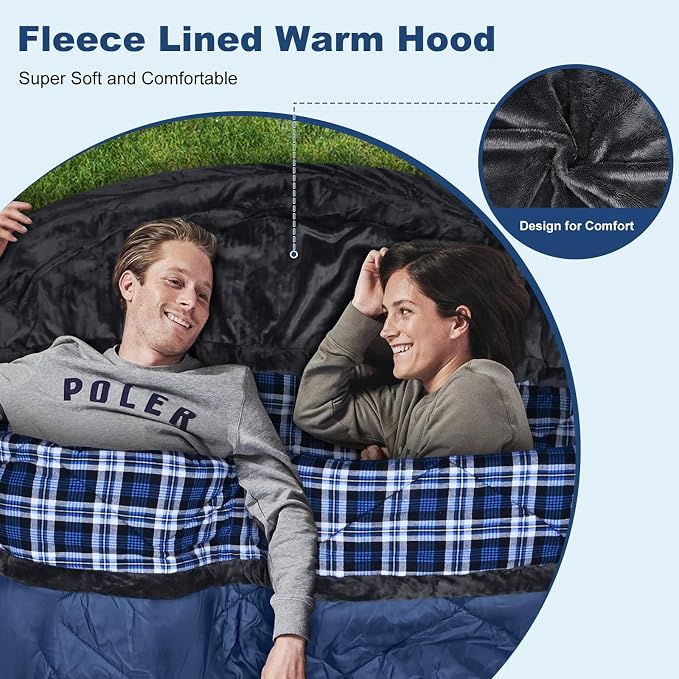 Cotton Flannel Double Sleeping Bag with Fleece Lined Hood, Waterproof Queen Size 2 Person Sleeping Bag for Adults Cold Weather Camping Backpacking or Hiking, 3-4season