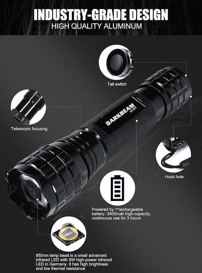DARKBEAM ir Flashlight Infrared 850nm Lights LED Mini for Night Vision, Rechargeable Portable Tactical ir Illuminator Torch, Focus Adjustable for Hunting, Observation, Search, with Clip