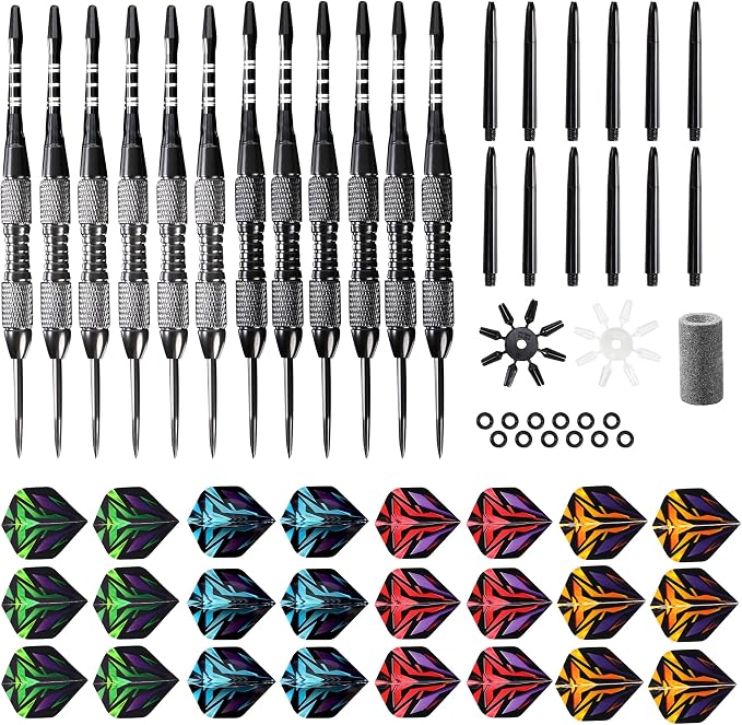 WINSDART Steel Tip Darts 12 Pack Set with Nonslip Iron Barrel Aluminum Dart Shafts and Flights Darts Sharpener an Gift Box