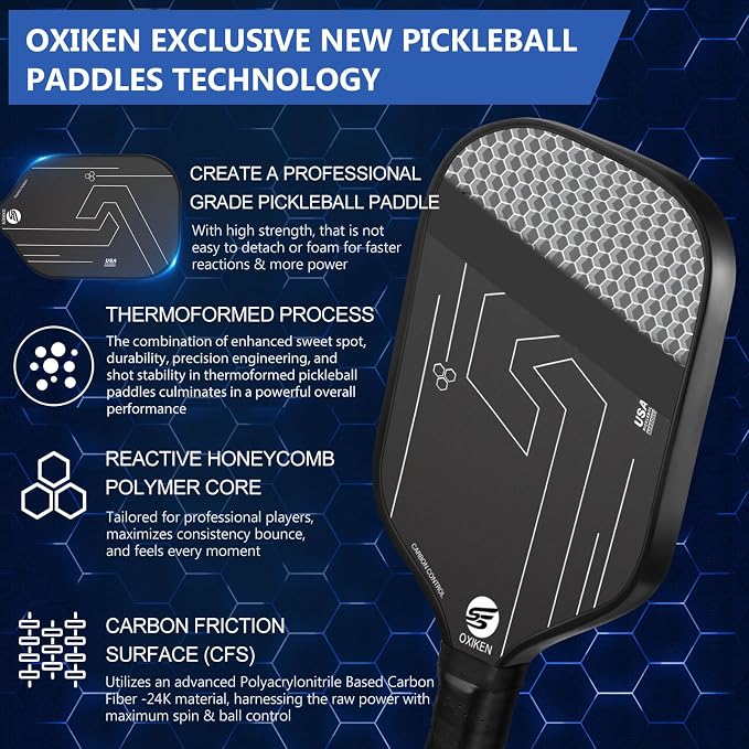 OXIKEN 16 mm Pickleball Paddles 2026 USAPA Approved T700 Carbon Fiber Pickle Paddle (CFS), High Grit & Spin, Honeycomb Core, 5.5” Elongated Handle, Anti Slip Sweat Absorbing Grip with Cover Case