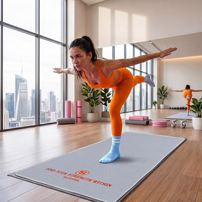 Upgraded Yoga Mat Towel with Bonus Grip Socks Lavender Gray | Elegant Embroidered, 1-Second Sweat Absorption & Non-Slip | Machine Washable Microfiber | Hot Yoga, Pilates | 73''*27.6''
