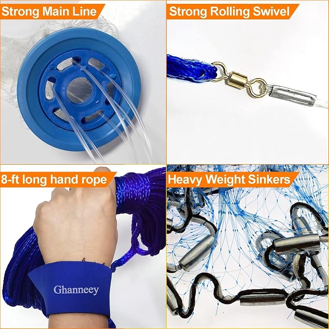 Nylon Monofilament Cast Net, 4FT/6FT/7FT/8FT/9FT/10FT/12FT American Style Hand Throwing Fishing Net with Iron Chain Weights for Saltwater and Freshwater