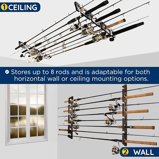 Rush Creek Creations Ceiling Rod Holder for 8 Fishing Poles - Garage Organization and Wall Storage for Reels, Gear, and Accessories - Horizontal Rack