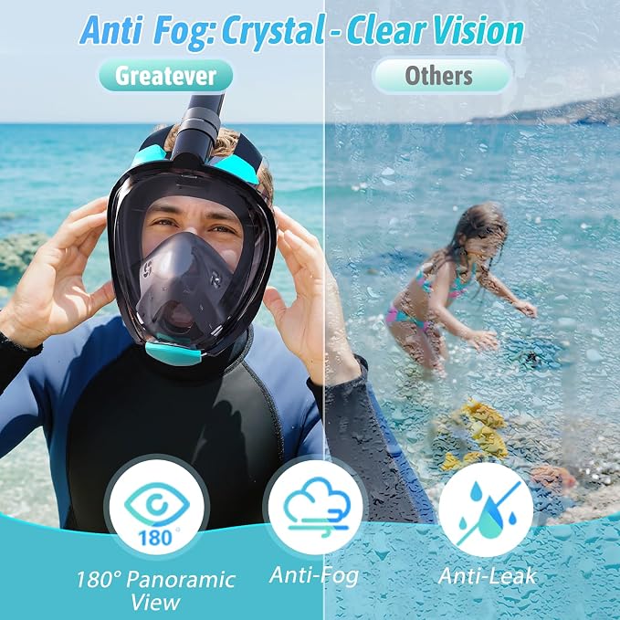 Greatever G2 Adults Kids Full Face Snorkel Mask 2 Pcs,Snorkeling Gear with Latest Dry Top System,Foldable 180 Degree Panoramic View,Safe Breathing,Anti-Leak&Anti-Fog Snorkeling Mask with Camera Mount