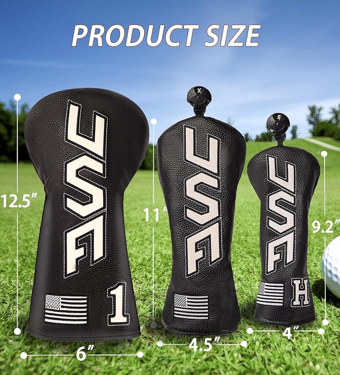 Golf Head Cover Set with USA Flag Cross-Stitch for Golf Club Driver Fairway Hybrid
