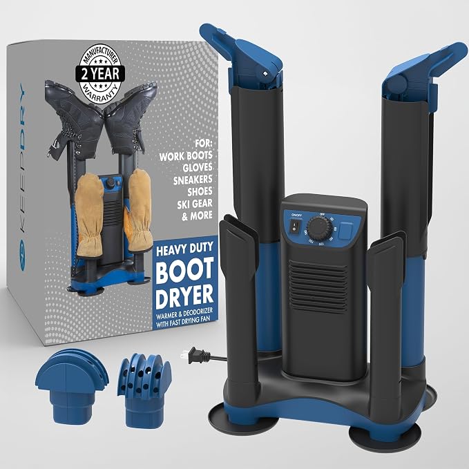KeepDry Forced Heat Boot Dryer - Heavy Duty Shoe Dryer with Heat Switch & Timer - Quickly Dry Garments - Collapsible Drying Tubes