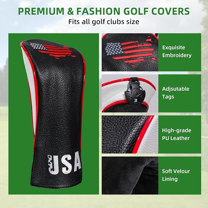 Golf Club Head Covers,4pcs or 1pc USA Golf Head Covers for Woods and Driver Fairway Hybrid - PU Leather Mallet Blade Putter for Men Women Golf Enthusiast