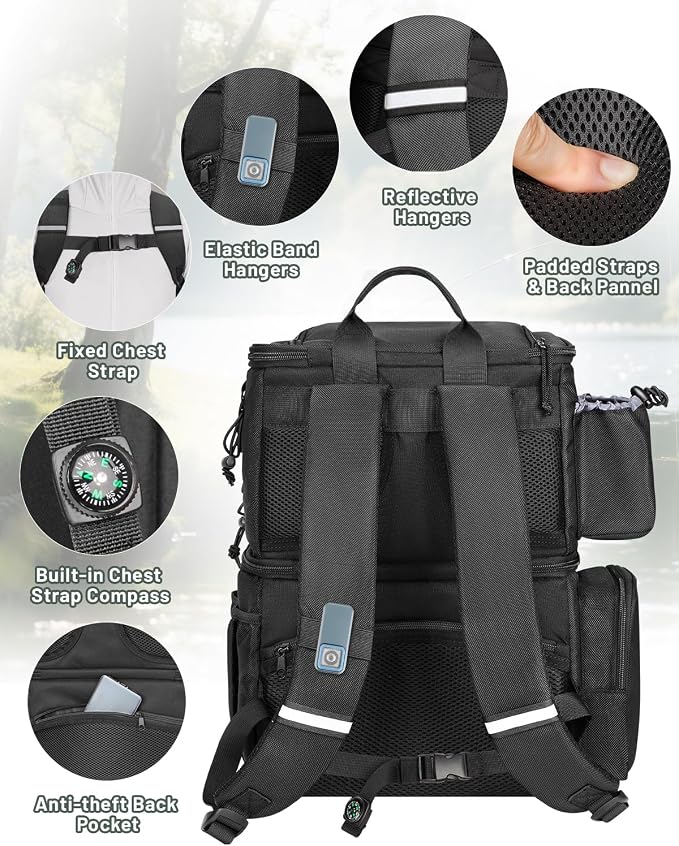 MATEIN Fishing Backpack with 4 Tackle Boxes, Fishing Bag with Rod Holder | 3600 Tackle Box 4 Pack, Water Resistant Tackle Backpack with Cooler Compartment, Safety Compass, Gifts for Fishermen