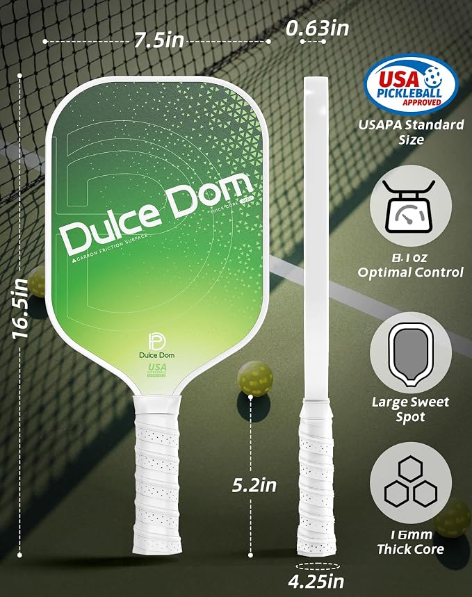 Dulce DOM Pickleball Paddles Set of 2/4 - USAPA Approved, 4 Indoor Outdoor Pickleball Balls, Fiberglass Surface Paddle Racket with Cover Bag, Ideal Training Equipment Gift for Men & Women