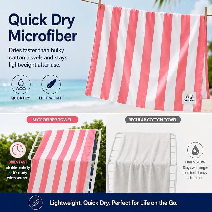 Oversized Microfiber Beach Towel 71x36 Inch, Quick Dry Sand Free Travel Towel, Lightweight Sueded Beach Blanket for Pool, Camping, Yoga & Beach Trips (Pink/White)