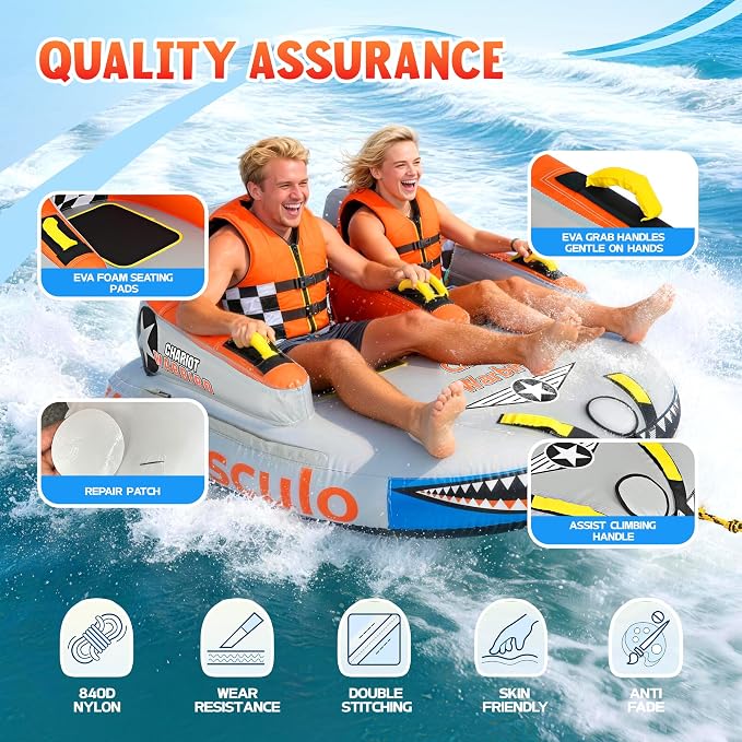 Towable Tubes for Boating - 2-3 Person Shark Battle Tank, Boat Tubes & Towables, EVA Foam Pads, Drainage, Super Safe Handle, Quick Connector
